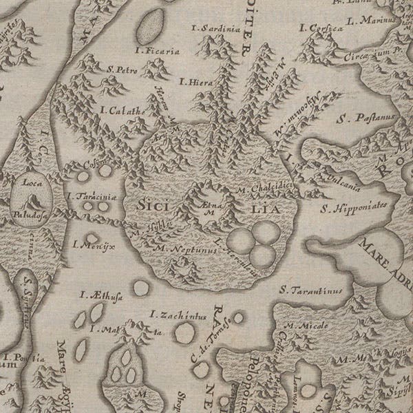 Detail of sixth image, centered on the crater that Hevelius names Sicilia, and we now call Copernicus, in Johannes Hevelius, Selenographia, 1647 (Linda Hall Library)