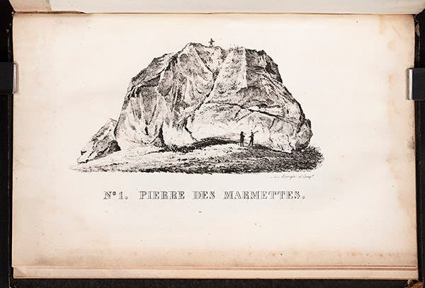 “Pierre des Marmettes,” the largest erratic in Switzerland, from Charpentier, <i>Essai</i>, 1841 (Linda Hall Library)