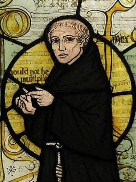 William of Ockham, OFM, stained glass window, All Saints' Church, Ockham, Surrey, England (Wikimedia commons)