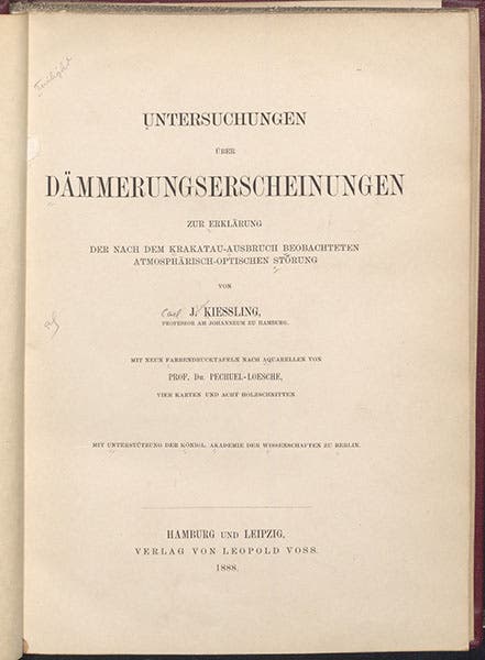 Title page, Untersuchungen über Dämmerungserscheinungen zur Erklärung der nach dem Krakatau, by Johann Kiessling, 1888 (Linda Hall Library).