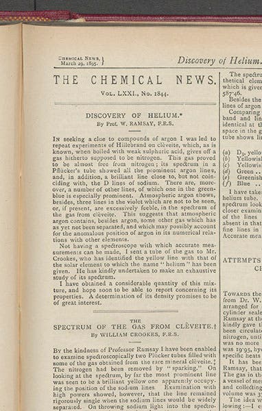 First page of Ramsay’s announcement, “The discovery of helium,” Chemical News, Mar. 29, 1895 (Linda Hall Library)