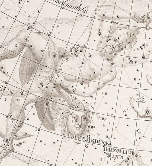 Perseus with head of Medusa and the star Algol, detail from a plate in Johann Bode, <i>Uranographia</i>, 1801 (Linda Hall Library).