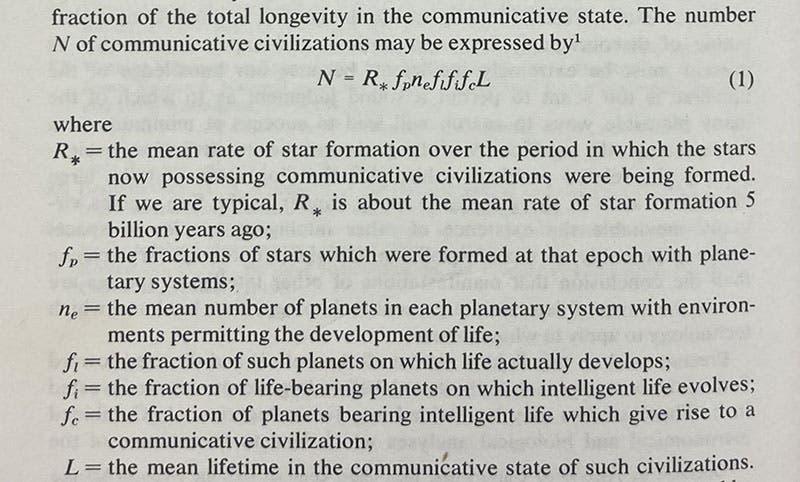 The first appearance of the Drake Equation in print, detail of page 324, in “The radio search for intelligent extraterrestrial life,” by Frank Drake, in Current Aspects of Exobiology, ed. by G. Mamikunian and M.H. Briggs, 1965 (Linda Hall Library)