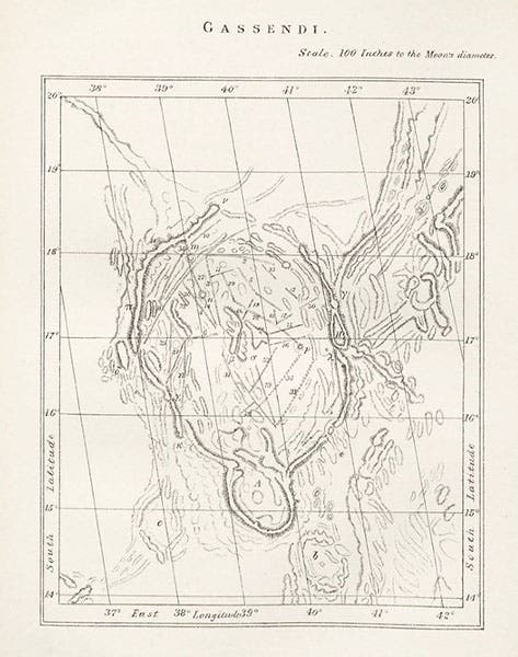 The crater Gassendi at a scale of 100” to the moon’s diameter, lithograph, in Edmund Neison, The Moon and the Condition and Configurations of its Surface, 1876 (Linda Hall Library)