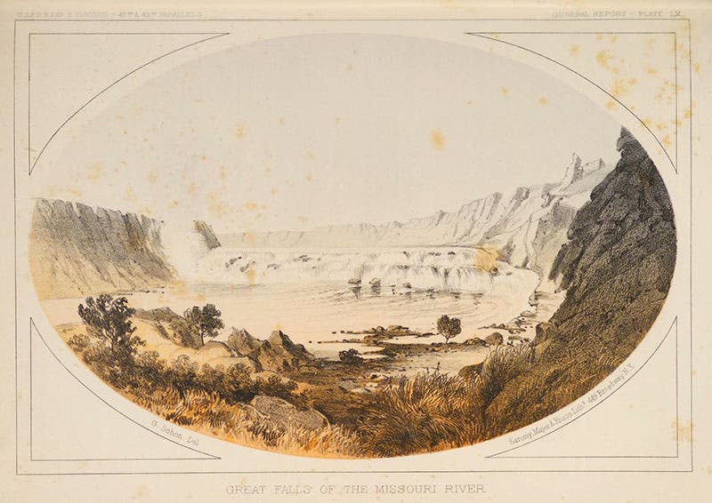 “Great Falls of the Missouri River,” detail of tinted lithograph by Gustav Solon, in Narrative … for a Route for a Pacific Railroad near the Forty-Seventh and Forty-Ninth Parallels … from St. Paul to Puget Sound, by Isaac I. Stevens, 1855 (publ. 1860) (Linda Hall Library)