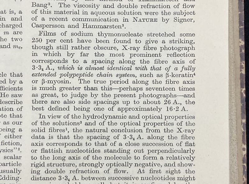 Paragraph of article, “X-ray study of thymonucleic acid,” by William T. Astbury and Florence O. Bell, Nature, vol. 141, p. 747, 1938 (Linda Hall Library)