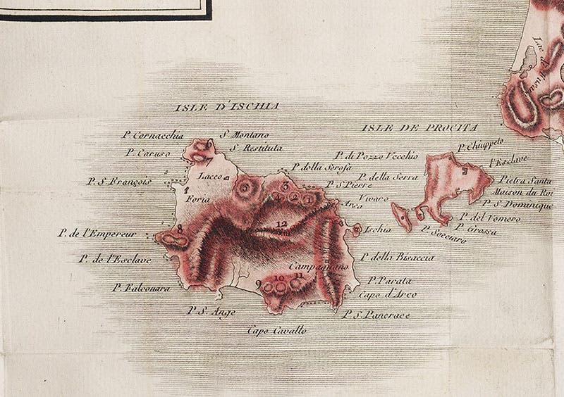 The volcanic isle of Ischia, detail of map of Campania, hand-colored engraving in Voyages physiques et lythologiques dans la Campanie : suivis d'un mémoire sur la constitution physique de Rome, by Scipione Beislak, vol 1, plate 1, p. 1, 1801 (The Linda Hall)