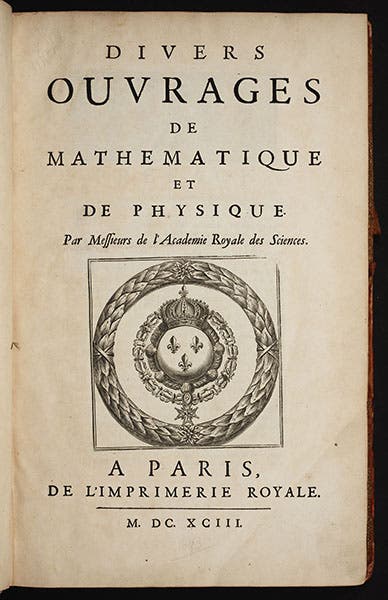 Title page of Divers ouvrages de mathematique de de physique, 1693, containing works by Gilles Personne de Roberval (Linda Hall Library)