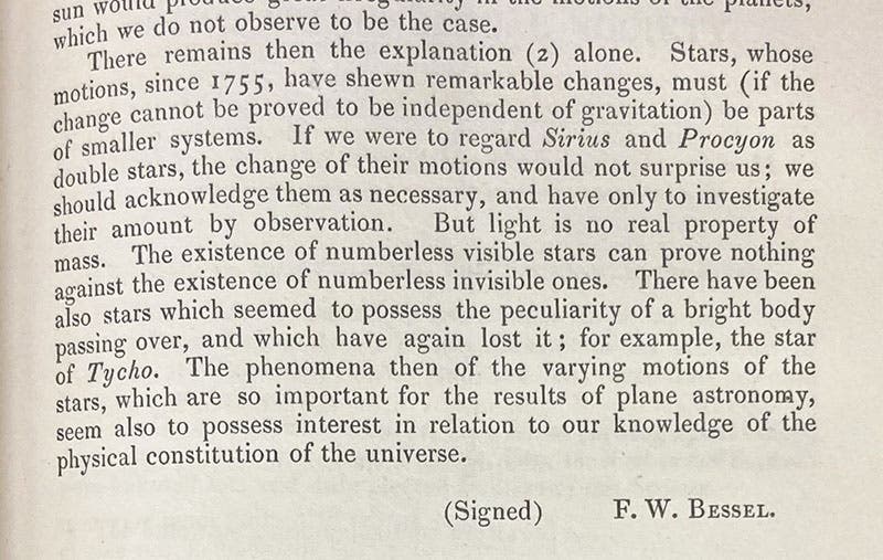 Concluding paragraph, “On the variation of the proper motion of Procyon and Sirius,” by Friedrich Wilhelm Bessel, Monthly Notices of the Royal Astronomical Society, vol. 6, p. 141, 1844 (Linda Hall Library)