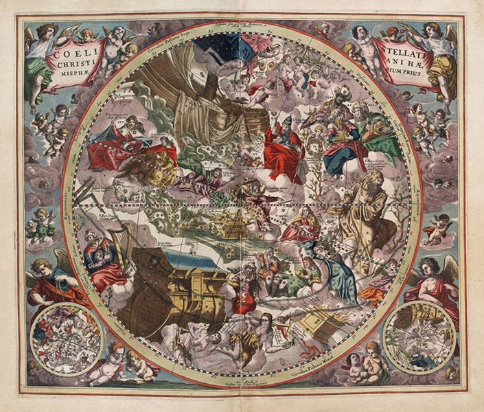 Celestial hemisphere with the Christian constellations of Julius Schiller, hand-colored engraving, Andreas Cellarius, Harmonia macrocosmica, 1661 (Linda Hall Library)