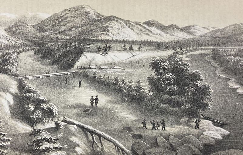 Winter quarters, 1861-62, detail of tinted lithograph by Gustav Sohon, Report on the Construction of a Military Road from Fort Walla-Walla to Fort Benton, by John Mullan, p. 32, 1863 (Linda Hall Library)
