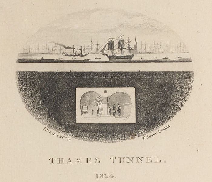 Longitudinal section of the River Thames, with an imagined completed tunnel, detail of half-title engraving, An Explanation of the Works of the Tunnel under the Thames from Rotherhithe to Wapping, by the Thames Tunnel Company, 1836 (Linda Hall Library)