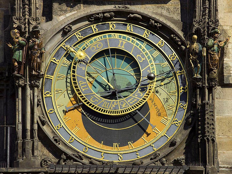 Astrolabe dial, Prague Astronomical Clock, Old Town Square, Czech Republic, photograph by Andrew Shiva, 2013 (Wikimedia commons)