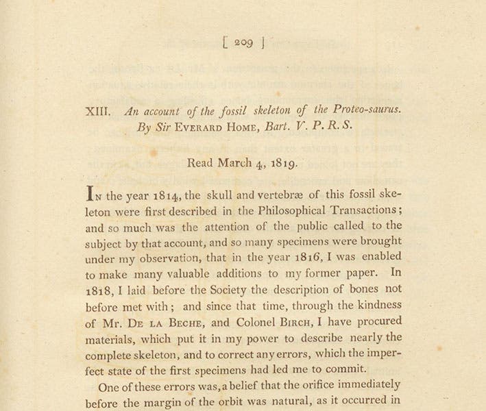 Detail of first page of paper by Everard Home, in which he proposes the name Proteosaurus for the Ichthyosaurus discovered by Mary Anning, Philosophical Transactions of the Royal Society of London, vol. 109, 1819 (Linda Hall Library)