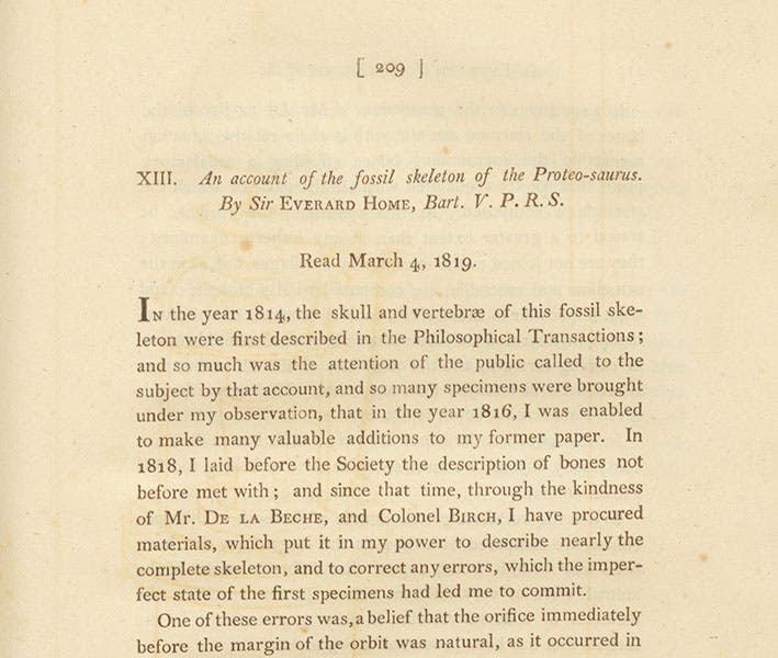 Detail of first page of paper by Everard Home, in which he proposes the name Proteosaurus for the Ichthyosaurus discovered by Mary Anning, Philosophical Transactions of the Royal Society of London, vol. 109, 1819 (Linda Hall Library)