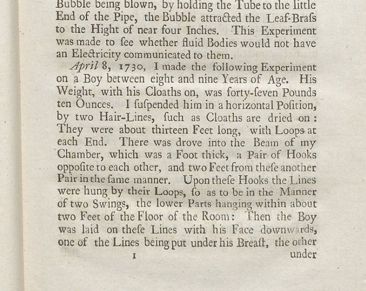 Detail of a page describing the suspension of a boy from silk cords for electrical experimentation, in a paper by Stephen Gray, Philosophical Transactions of the Royal Society of London, vol. 37, 1731-32 (Linda Hall Library)