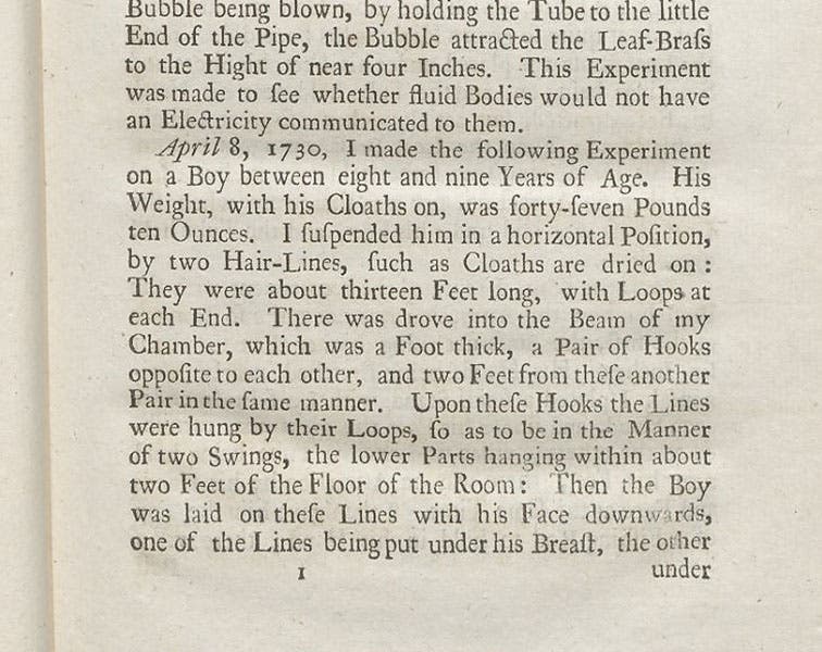 Detail of a page describing the suspension of a boy from silk cords for electrical experimentation, in a paper by Stephen Gray, Philosophical Transactions of the Royal Society of London, vol. 37, 1731-32 (Linda Hall Library)
