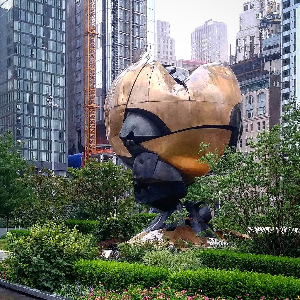 The Sphere, sculpture in bronze, 1971, relocated to Liberty Park, New York City (Wikimedia commons)