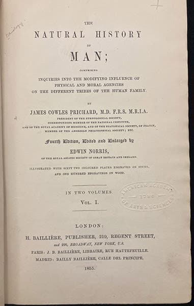 Title page, The Natural History of Man, by James Cowles Prichard, 4th ed., vol. 1, 1855 (Linda Hall Library)