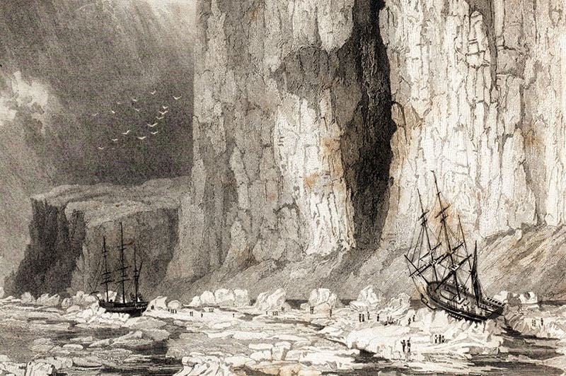 HMS Fury first driven ashore by the ice, Somerset Island, Prince Regent Inlet, Arctic archipelago, August, 1824, detail of an engraving in Journal of a Third Voyage for the Discovery of a Northwest Passage, by William Edward Parry, 1826 (Linda Hall Library)