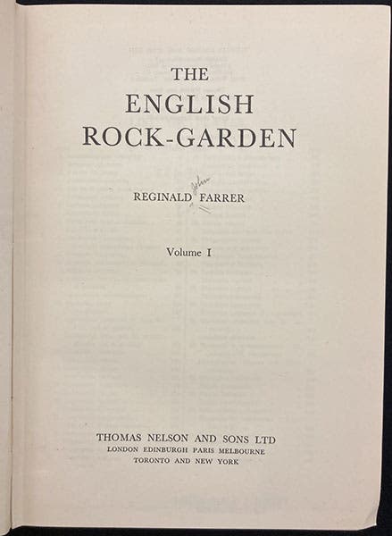 Title page, The English Rock Garden, by Reginald Farrer, vol. 1, 1919 (Linda Hall Library)