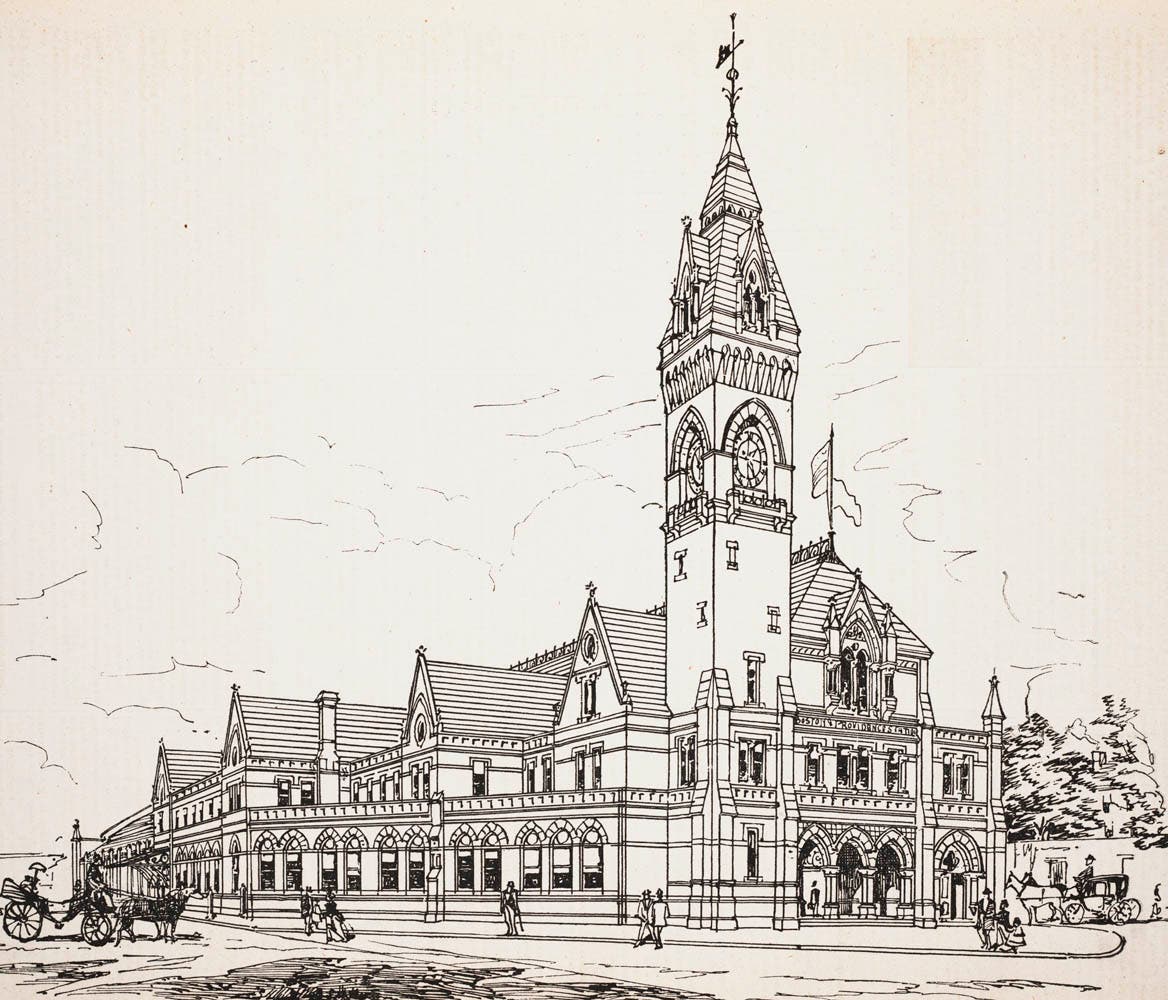 The rail station in Boston featured a prominent clock tower that helped travellers and stationary citizens maintain a schedule that was synchronized to local time.