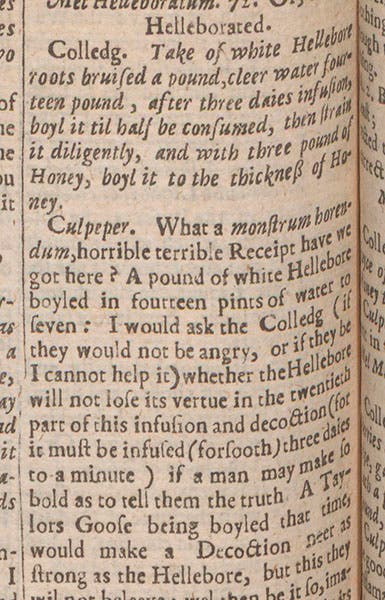 Entry on Helleborated Honey, a detail, from Nicholas Culpeper, The London Dispensatory, 1659 (Linda Hall Library)