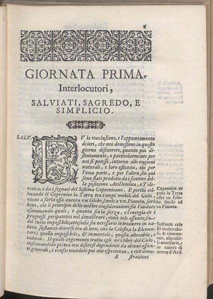 First page of first day, where the interlocutors – Salviati, Sagredo, and Simplico – are introduced, Dialogo … sopra i due massimi sistemi del mondo, by Galileo Galile, 1632, copy 1 (Linda Hall Library)