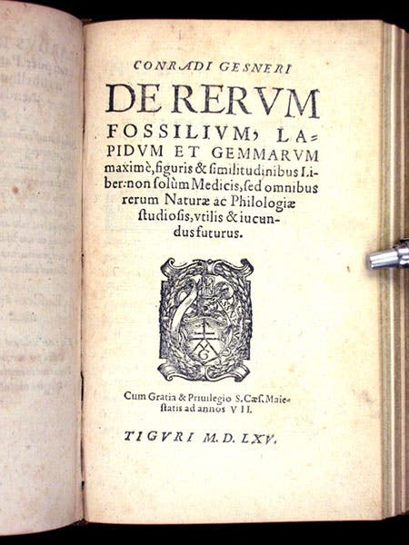 Title page, De rerum fossilium, by Conrad Gessner, 1565 (Linda Hall Library)