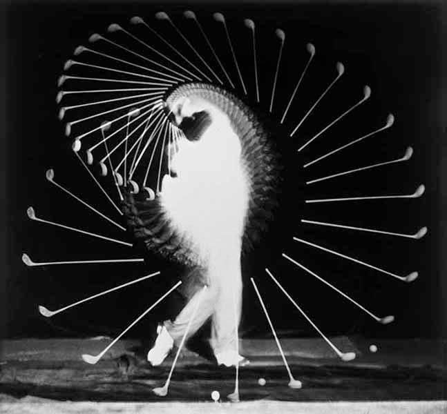 A golfer’s swing, images recorded every 1/100th of a second, in Harold Edgerton, Flash!, 1939 (edgerton-digital-collections.org at MIT)