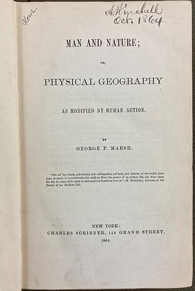 Title page, Man and Nature, or Physical Geography as Modified by Human Action, by George Perkins Marsh, 1864 (Linda Hall Library)