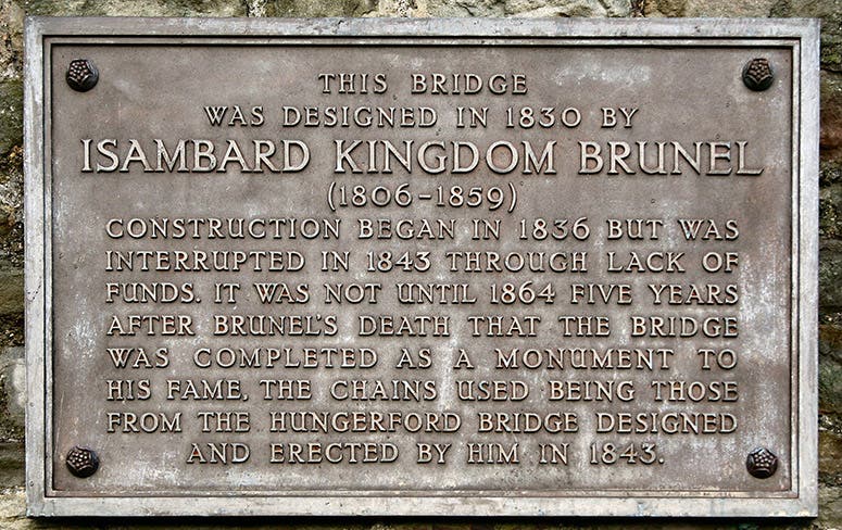 Plaque on the Clifton Suspension Bridge, Bristol, honoring Isambard Kingdom Brunel (Wikimedia commons)
