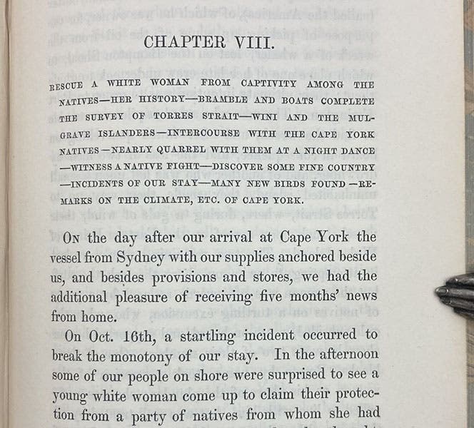 The beginning of chapter 8, where the story of the encounter with “the white woman” Barbara Crawford Thompson begins, Narrative of the Voyage of H.M.S. Rattlesnake, commanded by the late Captain Owen Stanley... during the years 1846-50, by John MacGillivray, vol. 1, p. 301, 1852 (Linda Hall Library)