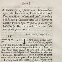First paragaph, “A Summary of some late Observations upon the Generation, Composition, and Decomposition of Animal and Vegetable Substances,” by John Turberville Needham, Philosophical Transactions of the Royal Society of London, vol. 45, p. 615, 1748 (Linda Hall Library)