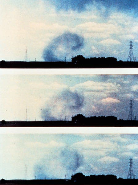 Sequence of three photos of the outflow and curl from a microburst, provided by the National Severe Storms Laboratory (NOAA Photo Library via Wikimedia commons)