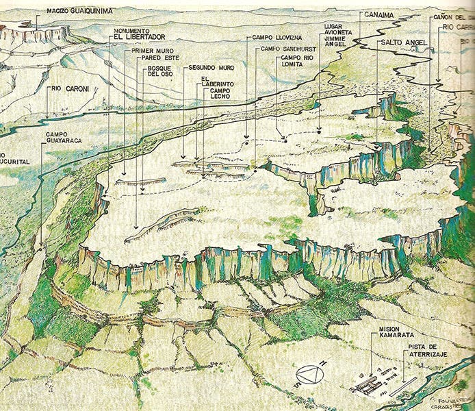 Map of Auyán-tepui and the expedition of 1937; the place where Angel’s aircraft landed is labeled lugar avioneta Jimmie Angel, and Angel Falls is identified as Salto Angel (jimmieangel.org)