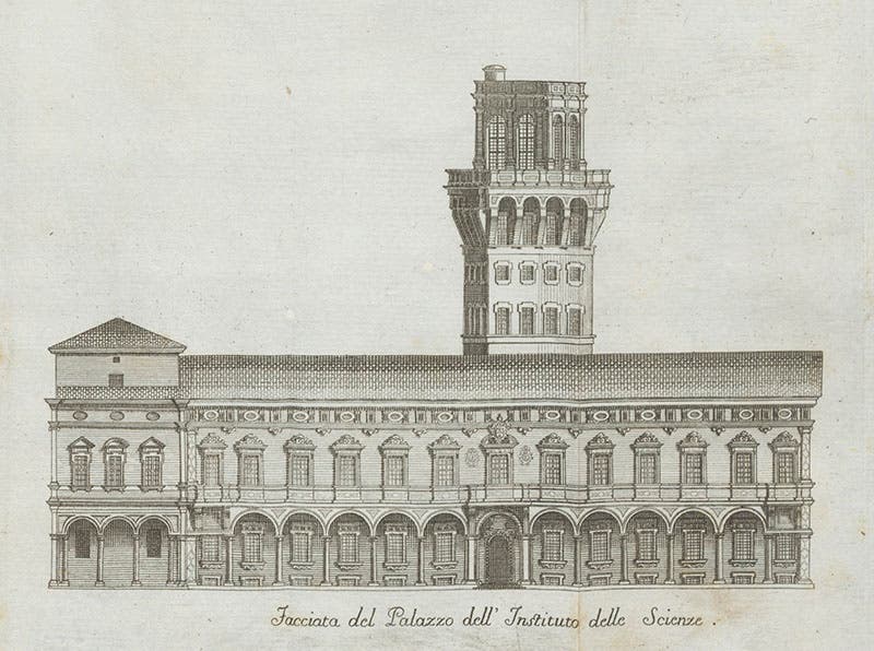 View of the façade of the Institute of Science, Bologna, from Giuseppe Bolletti, Dell’ origine e de’ progressi dell’ Instituto della Scienze de Bologna, 1763 (Linda Hall Library)