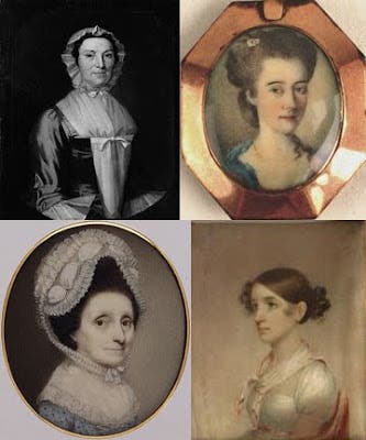 Portraits of four Colden women, including Jane’s mother Alice (top left) and her sister Elizabeth (bottom left) and two cousins, but not including Jane, of whom there is no known portrait (lookingforjanecolden.blogspot.com)