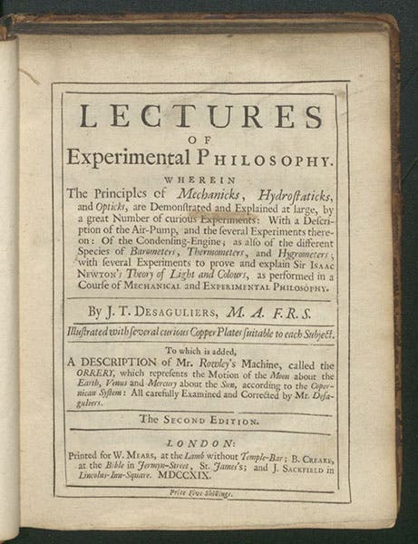 Title page of “second edition”, the authorized edition, John T. Desaguliers, Lectures of Experimental Philosophy, 1719 (Linda Hall Library)
