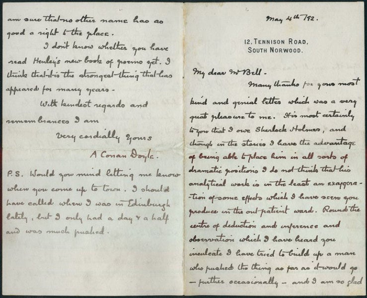 Letter from Arthur Conan Doyle to Joseph Bell, May 7, 1892, in which Doyle says, "It is most certainly to you that I owe Sherlock Holmes" (Library & Archive at Surgeons' Hall/Royal College of Surgeons of Edinburgh)
