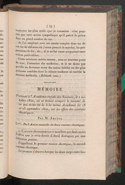 First page of Ampère’s paper on electromagnetism of Oct. 2, 1820, in Annales de chimie et de la physique, vol. 15, 1820 (Linda Hall Library)