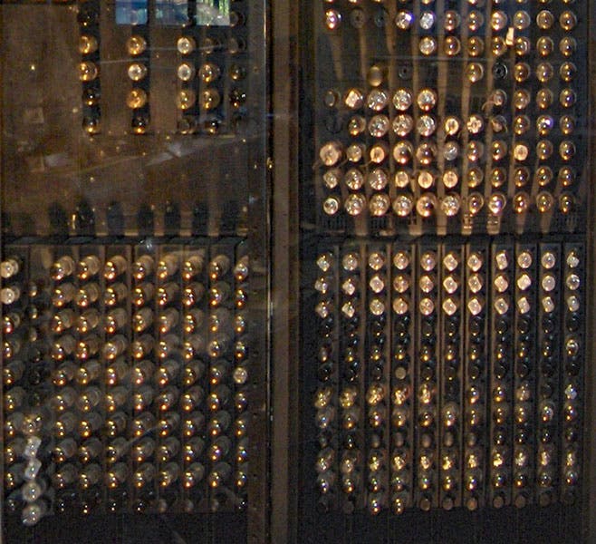 Back of the display in the third image, showing some of the 18,000 vacuum tubes used in ENIAC, recent photograph (Wikimedia commons)