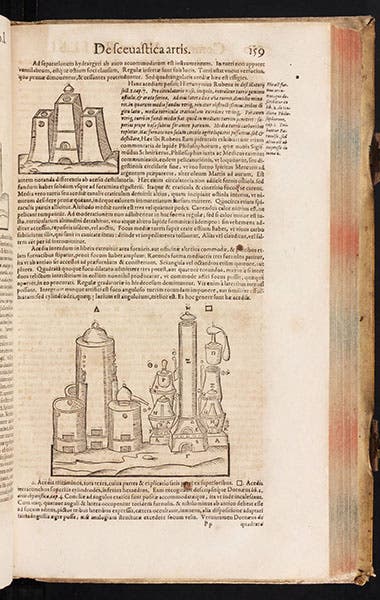 Distillation set-up, woodcut from Andreas Libavius, Alchymia, 2nd ed., 1606 (Linda Hall Library)