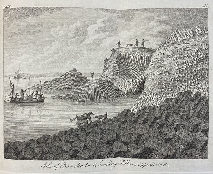 Basalt pillars on Bo-Sha-La, engraving after a drawing by James Miller, in A Tour in Scotland, and Voyage to the Hebrides; MDCCLXXII, by Thomas Pennant, vol. 1, pl. 31, p. 266, 1774 (Linda Hall Library)