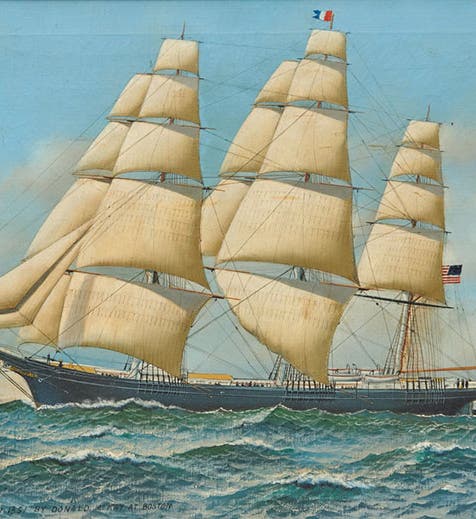 The Flying Cloud, extreme clipper ship, designed and built by Donald McKay, launched 1851, painting by Antonio Jacobsen from a Currier & Ives print, 1851 (Wikimedia commons)