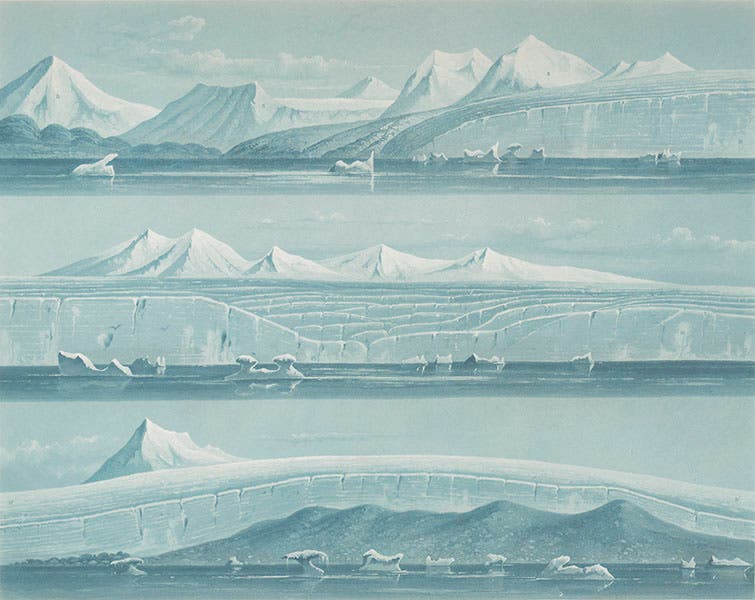 View of glaciers at Bell Sound, Spitzbergen, aquatint, from Joseph-Paul Gaimard, Voyages … en Scandinavie, en Laponie, au Spitzberg et aux Feröe, 1840-55 Atlas geologique (Linda Hall Library)
