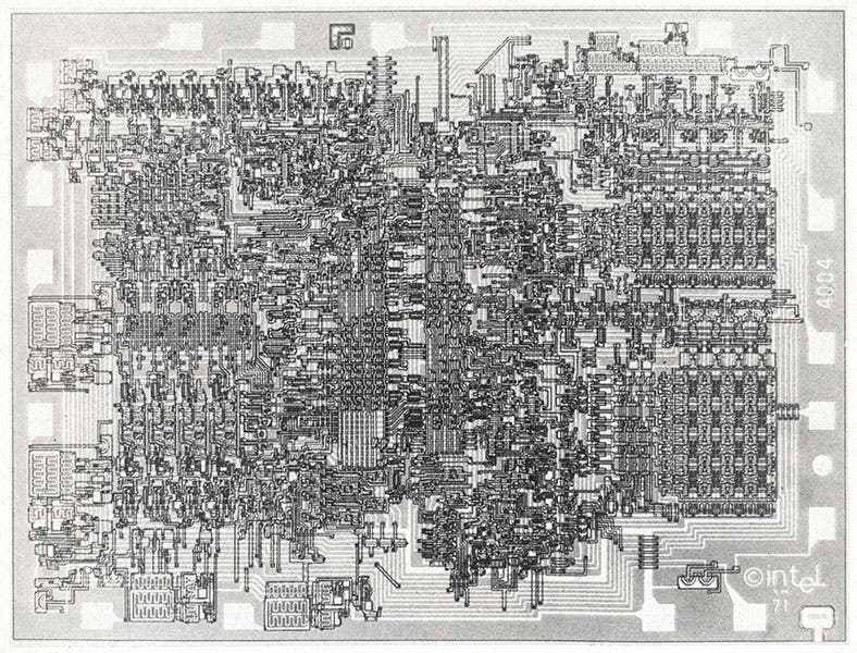 Photograph of the Intel 4004 microprocessor, introduced to the public in 1971 (IEEE Computer Society)