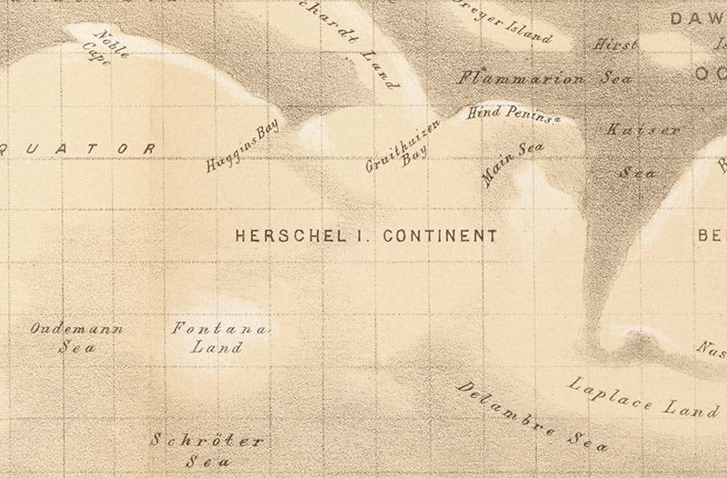 Detail of third image, showing Herschel Continent, Flammarion Sea, and Kaiser Sea, Memoirs of the Royal Astronomical Society, vol. 44, 1879 (Linda Hall Library)