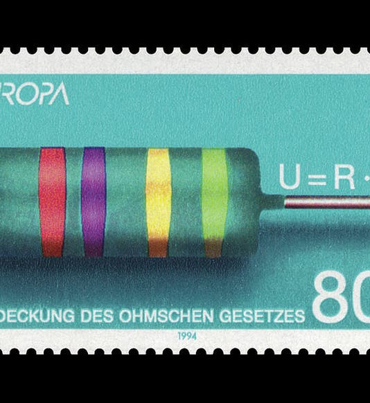 Postage stamp, Germany, 1994, commemorating Ohm’s law (formerly on Wikimedia commons, file now removed)