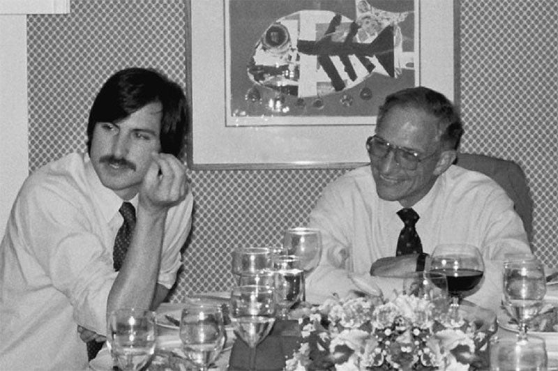 Steve Jobs and Robert Noyce at a dinner for California governor Jerry Brown, from Lezlie Berlin, The Man Behind the Microchip: Robert Noyce and the Invention of Silicon Valley, 2005 (Linda Hall Library)
